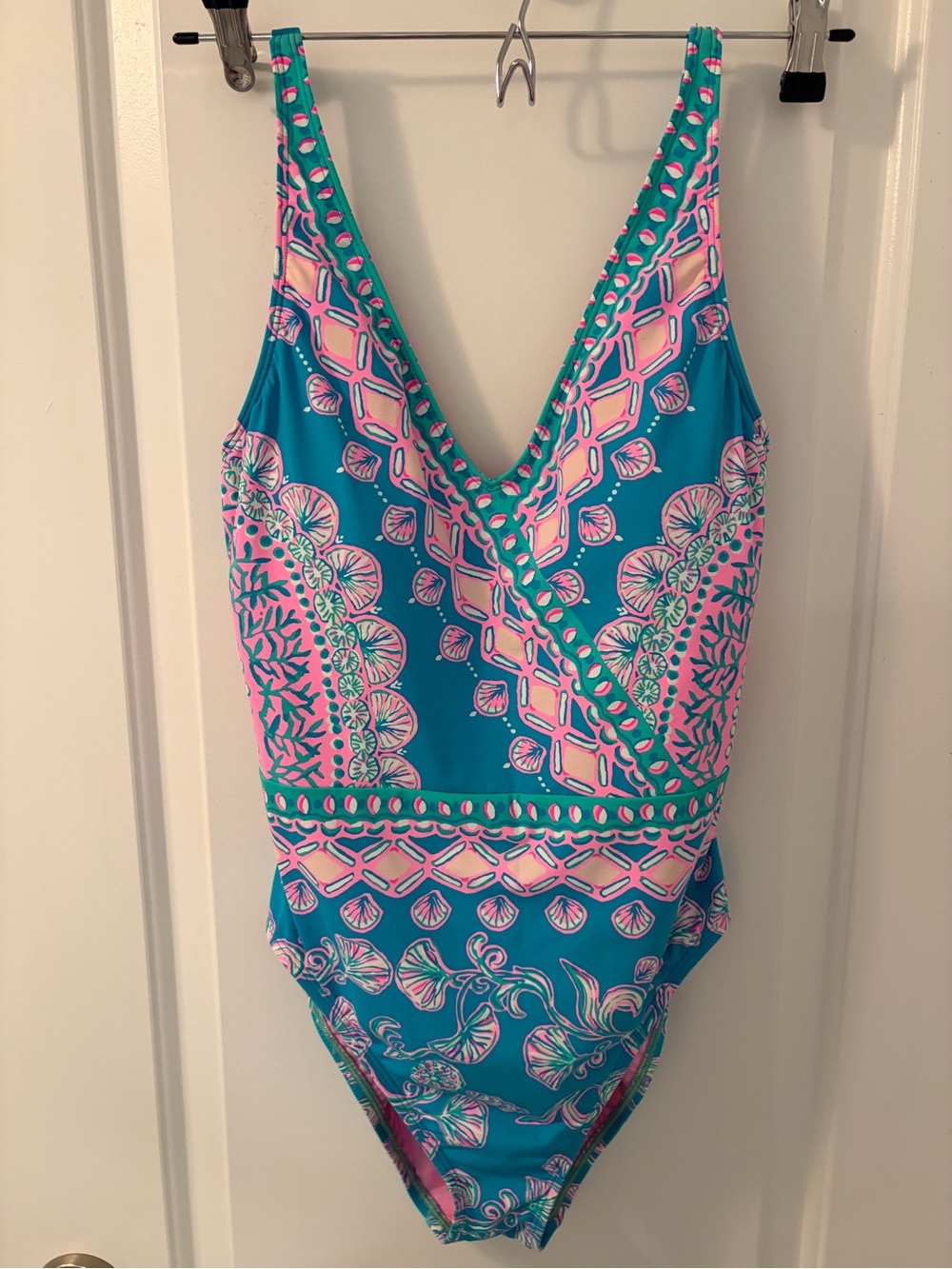Women’s  One-Piece Swimsuit in Teal and Pink - Stylish Swimwear size 8